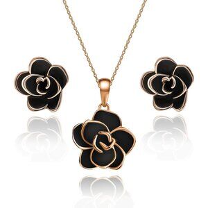 👑Women Classic Black Rose Flower Necklace Earrings Set Gold Plated Jewelry Sets